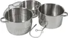 A set of stainless steel pots and a steamer basket. Produktbild-Vorschau