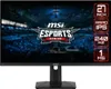A black MSI gaming monitor displaying a vibrant esports graphic, with feature callouts on the right side. Produktbild-Vorschau