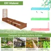 A collage showing a wooden raised garden bed with decorative elements, different color options for the bed, and four lifestyle images of garden settings. Voir les images du produit