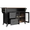 A black kitchen cart with a wooden top and glass-paneled doors. Podgląd zdjęcia produktu