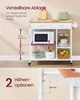 A kitchen cart with a microwave and storage shelves, with measurement indicators for adjustable shelf height. Produktbild-Vorschau