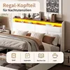 A modern white upholstered bed with a wooden headboard featuring LED lighting and shelves, shown with pillows and blankets. Náhľad obrázku produktu