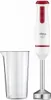 A white and red Ufesa electric hand blender with a stainless steel base and a clear measuring cup. Voir les images du produit