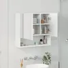 A white bathroom cabinet with mirrored doors is mounted on a tiled wall above a sink. Náhľad obrázku produktu
