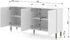 A white sideboard with black and gold legs, shown with its doors open to reveal shelves. Dimensions are indicated by measurement lines and numbers. Produktbild-Vorschau