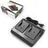 A dual battery charger and its packaging are displayed on a white background. Produktbild-Vorschau