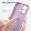 A hand is touching a purple phone case, highlighting its matte surface and soft grip feel. Produktbild-Vorschau