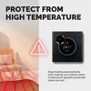 A thermostat is shown next to a chair and a warning sign, with text explaining its high-temperature protection feature. Produktbild-Vorschau