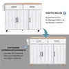 Two images of a white kitchen island with a wooden top, one showing it on wheels and the other on legs. Text describes features. Podgląd zdjęcia produktu
