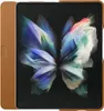 A brown leather case is partially covering a Samsung Galaxy Z Fold3 smartphone, which is displaying a colorful abstract image. Produktbild-Vorschau