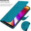 A teal flip phone case with a floral pattern is shown open, revealing a smartphone screen. Náhled obrázku produktu