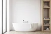 A modern bathroom with a freestanding bathtub and a wooden shelving unit. Podgląd zdjęcia produktu