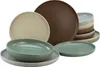 A collection of ceramic plates and bowls in various earthy tones, neatly arranged. Produktbild-Vorschau