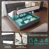 A bed with storage space underneath, shown with various items stored inside. There are also smaller inset images highlighting features. Produktbild-Vorschau