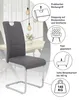 A gray dining chair with a chrome frame, shown in a room setting with a table and pendant lights. Callouts highlight features. Produktbild-Vorschau