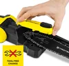 A close-up shot of a person's hand adjusting a yellow cover on a black and yellow electric chainsaw. A yellow square with a red 'X' over two wrenches and the text 'TOOL-FREE CHANGE' is in the bottom left corner. Produktbild-Vorschau