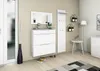 A white shoe cabinet with a mirror and coat rack in a hallway. Produktbild-Vorschau
