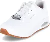 A white Skechers sneaker with a brown sole, shown from a diagonal angle against a white background. Produktbild-Vorschau