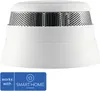 A white smoke detector with a silver perforated top, set against a white background. A blue overlay with text and a logo is present at the bottom. Náhled obrázku produktu