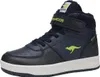 A single navy blue high-top sneaker with green accents is shown against a white background.