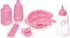 A collection of pink baby doll accessories, including bottles, a bowl, pacifier, and lotion, arranged on a white background. Produktbild-Vorschau