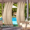 Outdoor curtains hanging on a patio overlooking a swimming pool and lush greenery. Náhled obrázku produktu