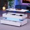 A modern living room scene featuring a white lift-top coffee table with LED lighting and storage. Náhľad obrázku produktu