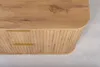 A close-up view of a wooden bathroom cabinet with gold handles. Produktbild-Vorschau