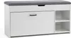 A white shoe bench with a gray upholstered seat, featuring a large drawer and two open shelves. Voir les images du produit