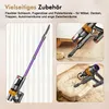 Collage of a purple stick vacuum cleaner and close-ups of its attachments being used. Produktbild-Vorschau