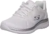 A white Skechers sneaker with silver accents is shown from a side-angle on a white background. Voir les images du produit