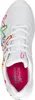 Top-down view of a white Skechers shoe with colorful heart-like designs. Voir les images du produit