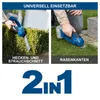 Collage showing a cordless hedge trimmer and grass shear being used for different gardening tasks. Produktbild-Vorschau