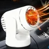 A white car heater is placed on the center console of a car interior, with orange flames and heat waves emanating from it. Produktbild-Vorschau