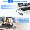 Collage showing a USB-C to Ethernet adapter connected to a laptop and a USB-A to Ethernet adapter connected to a tablet. Produktbild-Vorschau