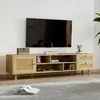 A wooden TV stand with a television on the wall above it, in a living room setting. Produktbild-Vorschau