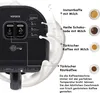 A close-up of a black coffee machine with milk splashing around it, illustrating different drink options. Produktbild-Vorschau