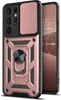A rose gold and black phone case with a camera cover and ring stand, shown next to a smartphone. Produktbild-Vorschau