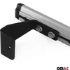 A close-up of a black metal bracket attached to a silver aluminum roof rack rail. Náhľad obrázku produktu
