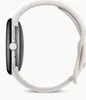 Side view of a silver smartwatch with a white band against a white background. Produktbild-Vorschau