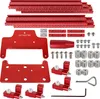 A collection of red aluminum woodworking tools and accessories, including guide rails, a handle, and various connectors and stops, laid out on a white background. Podgląd zdjęcia produktu