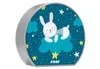 A round night light with a cartoon image of a sleeping bunny on a cloud, surrounded by stars and clouds. Voir les images du produit