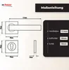 Diagrams and measurements of a door handle set, along with a list of dimensions. Produktbild-Vorschau