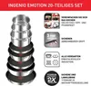 A stack of Tefal Ingenio Emotion pots and pans, with accompanying marketing text and icons. Produktbild-Vorschau