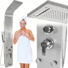 A woman wrapped in a towel stands next to a shower panel, with close-ups of the shower panel's features. Podgląd zdjęcia produktu