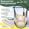 A beige hammock chair with black tassels is shown hanging from a metal bar, with various features highlighted by text overlays. Produktbild-Vorschau