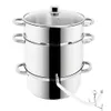 A stainless steel steamer pot with a glass lid and a hose attachment for juice extraction. Produktbild-Vorschau
