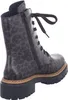 A side view of a brown leopard print combat boot with black laces and a thick black sole. Voir les images du produit