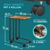 A diagram showing the dimensions of a C-shaped side table with wheels, along with marketing text and a small inset image of the table in use. Anteprima dell’immagine prodotto