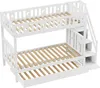 A white bunk bed with a pull-out trundle bed and stairs is shown against a white background. Produktbild-Vorschau